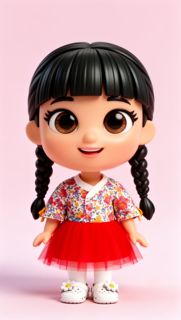 Aleyna’s figure: a small doll-like girl with a black fringe and two braids, a floral top and a red tulle skirt, on plain pink