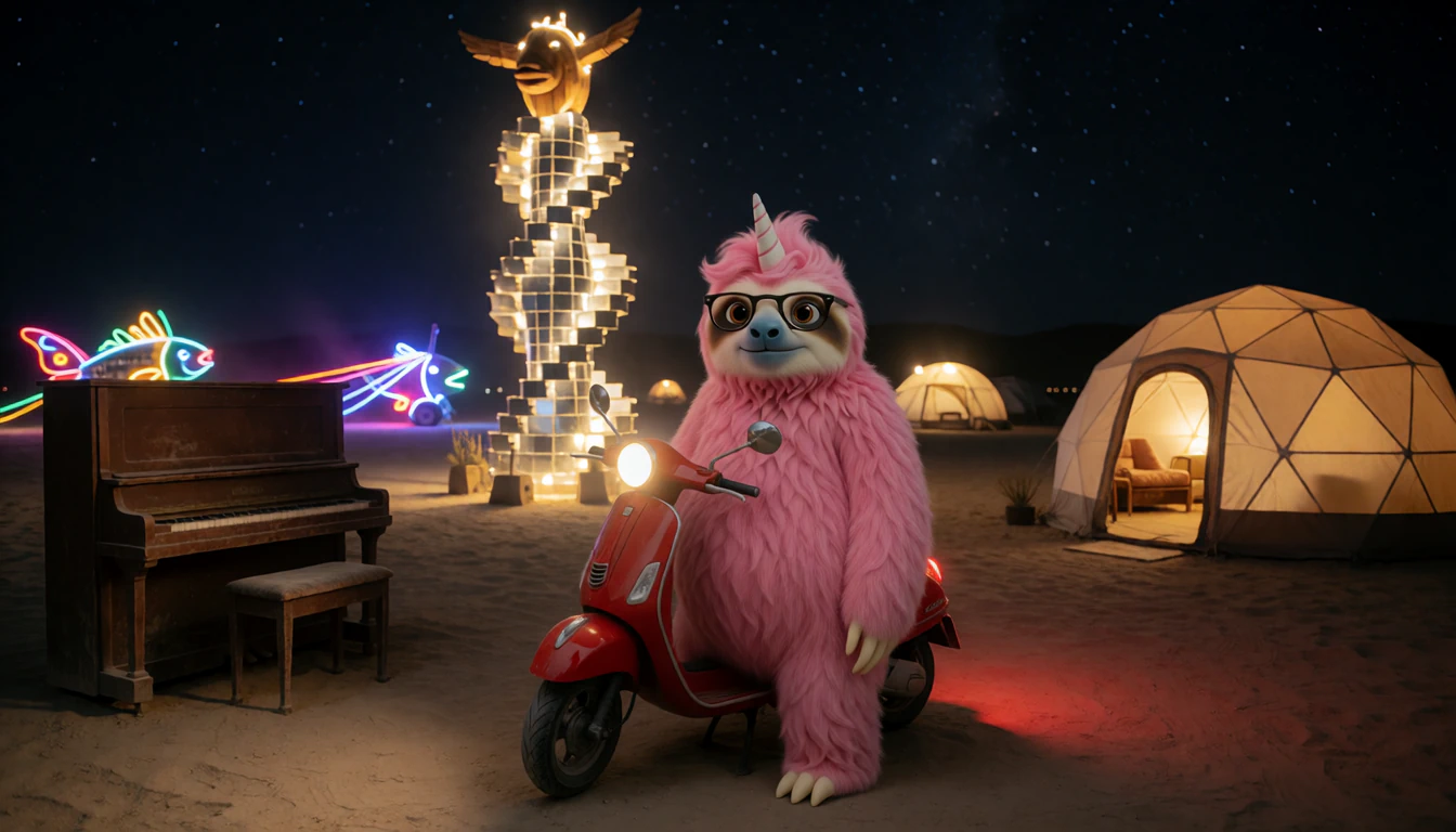 A pink sloth on a red scooter among glowing art on a desert lakebed at night