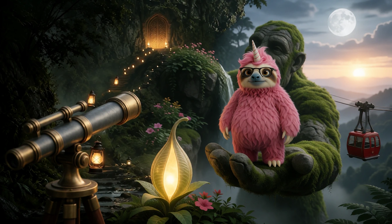 A moonlit garden with a stone giant, a glowing seed and a red cable car.