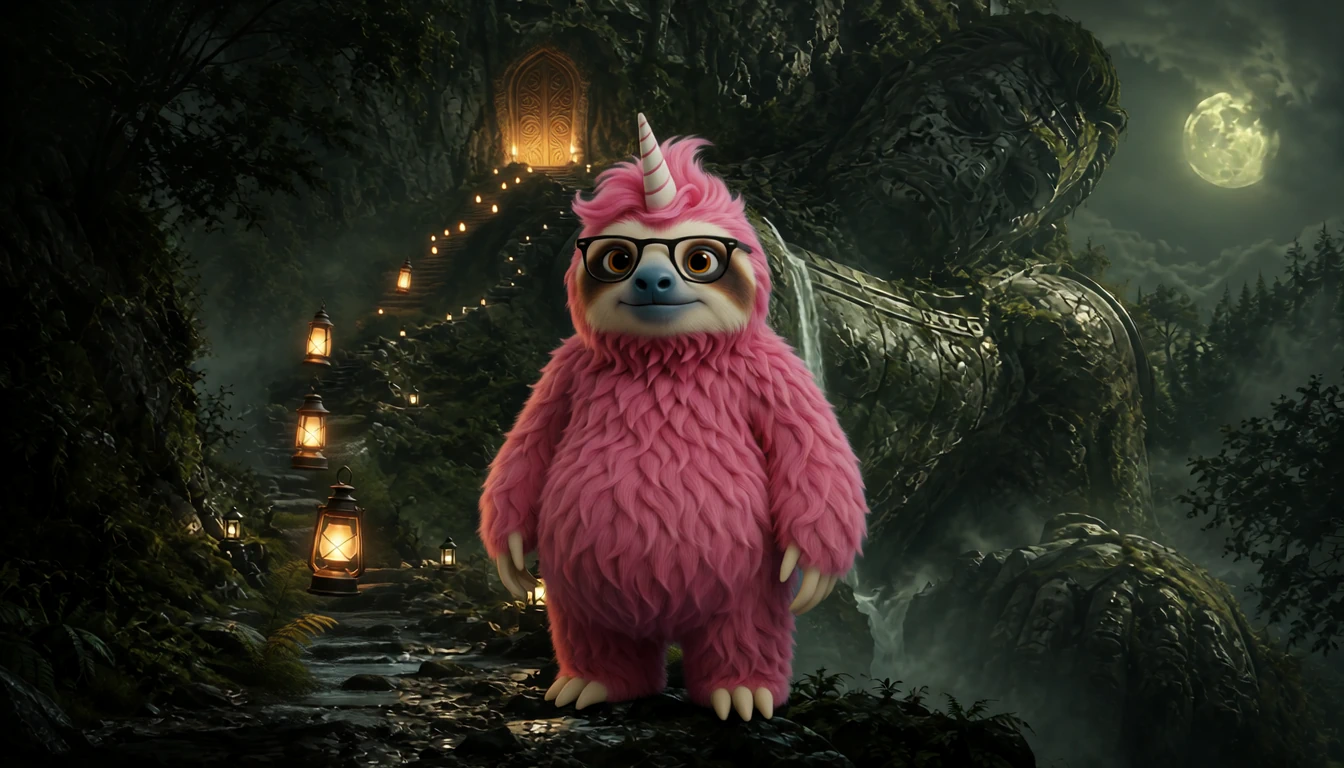 Reference image 1: a pink sloth with a unicorn horn and glasses stands on a lantern-lit forest path, below a sleeping stone giant and a glowing door high in the cliff