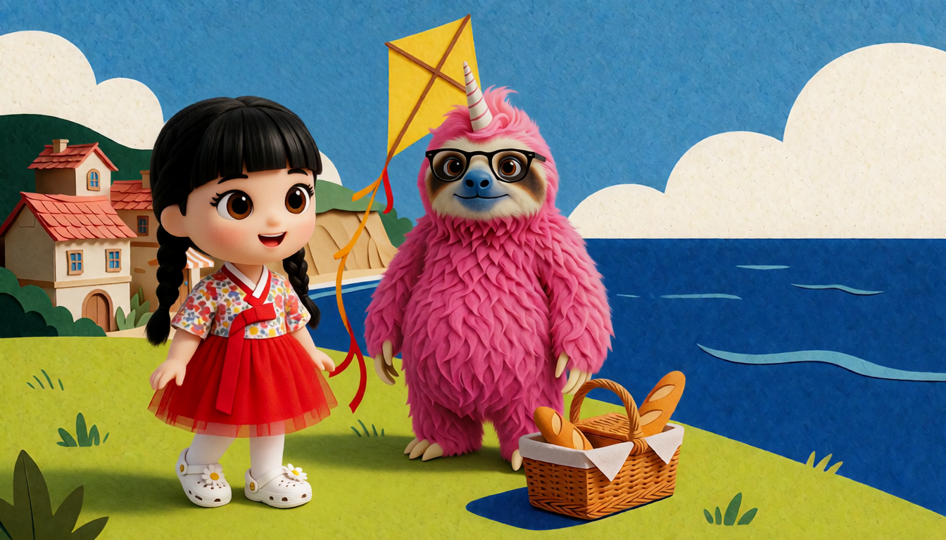 Aleyna, in cut paper and felt, stands on a seaside hill beside the pink sloth, who holds a yellow kite beside a basket of bread