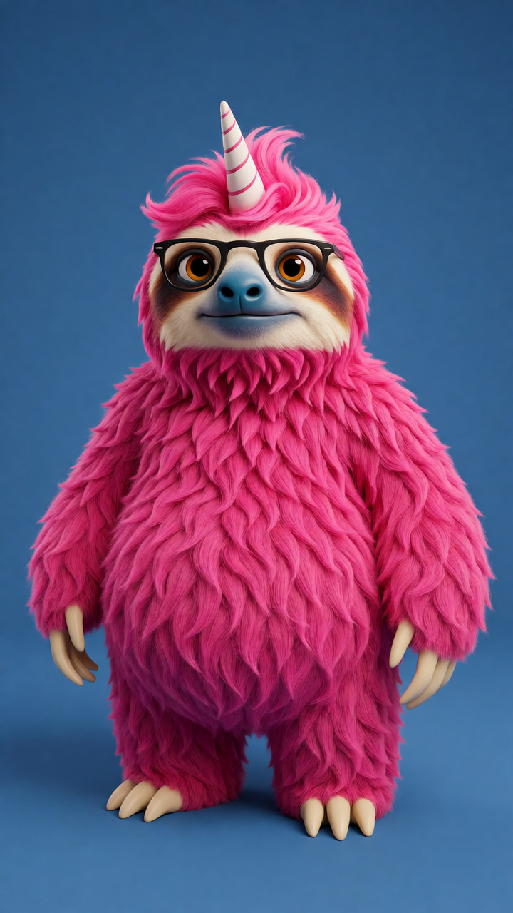 Reference image 2: Simon’s reference portrait, the same pink sloth, full height, against plain blue