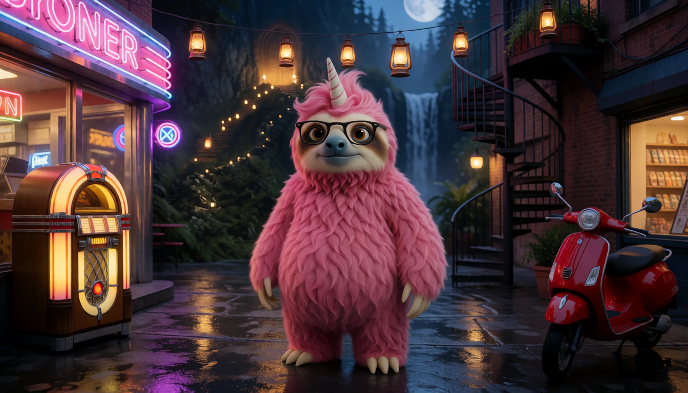 What came out: the same sloth in a rain-wet city street at night, between a glowing jukebox and a red scooter, lanterns strung overhead