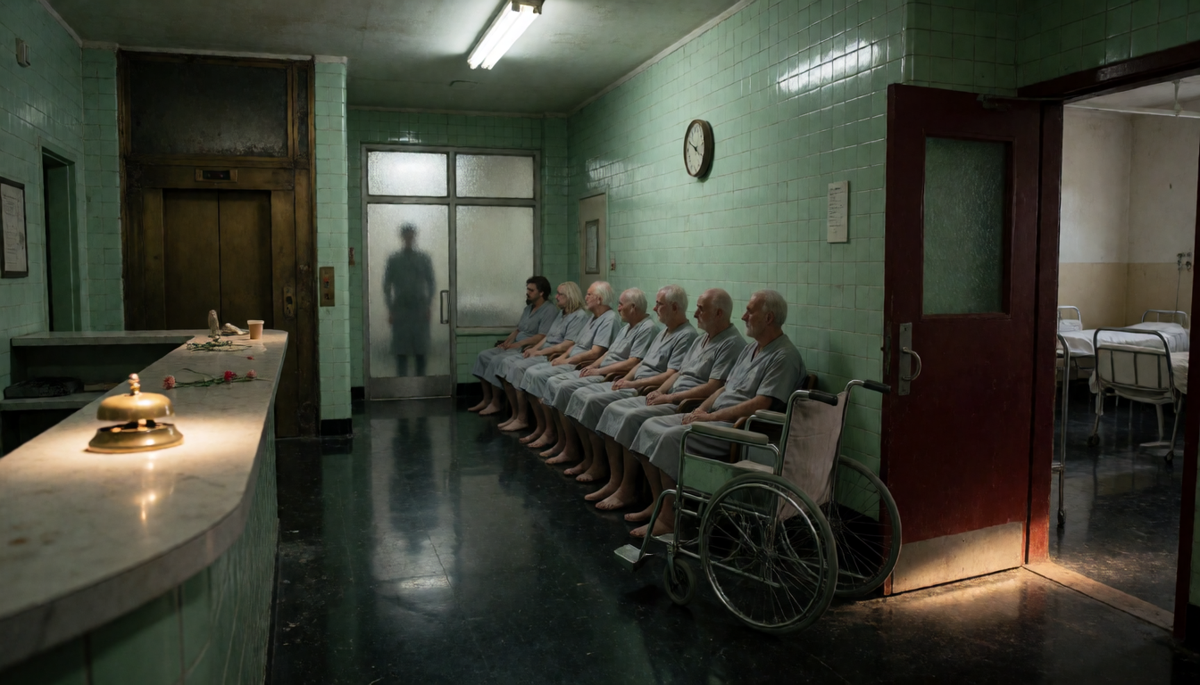 A hospital waiting room where a row of patients sits beside an empty wheelchair